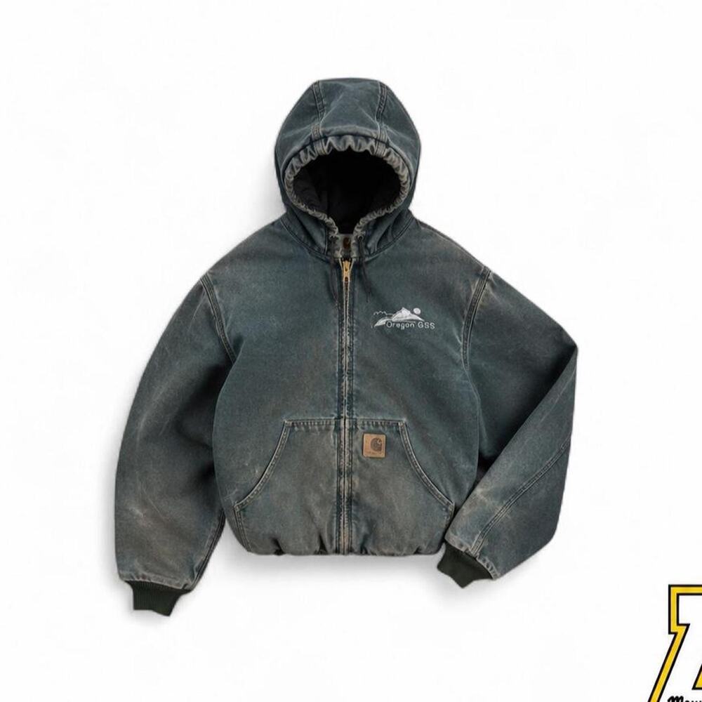 Carhartt JQ243 HTG Green Duck Canvas Hooded Work Jacket us sz L Union Mos Vtg 90